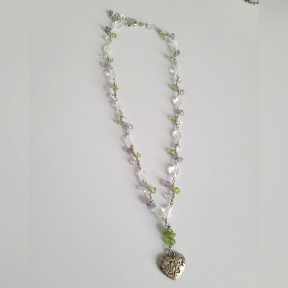 Vintage Sterling Silver Engraved Heart Purple Green Crystal Beaded Necklace - Picture 2 of 9